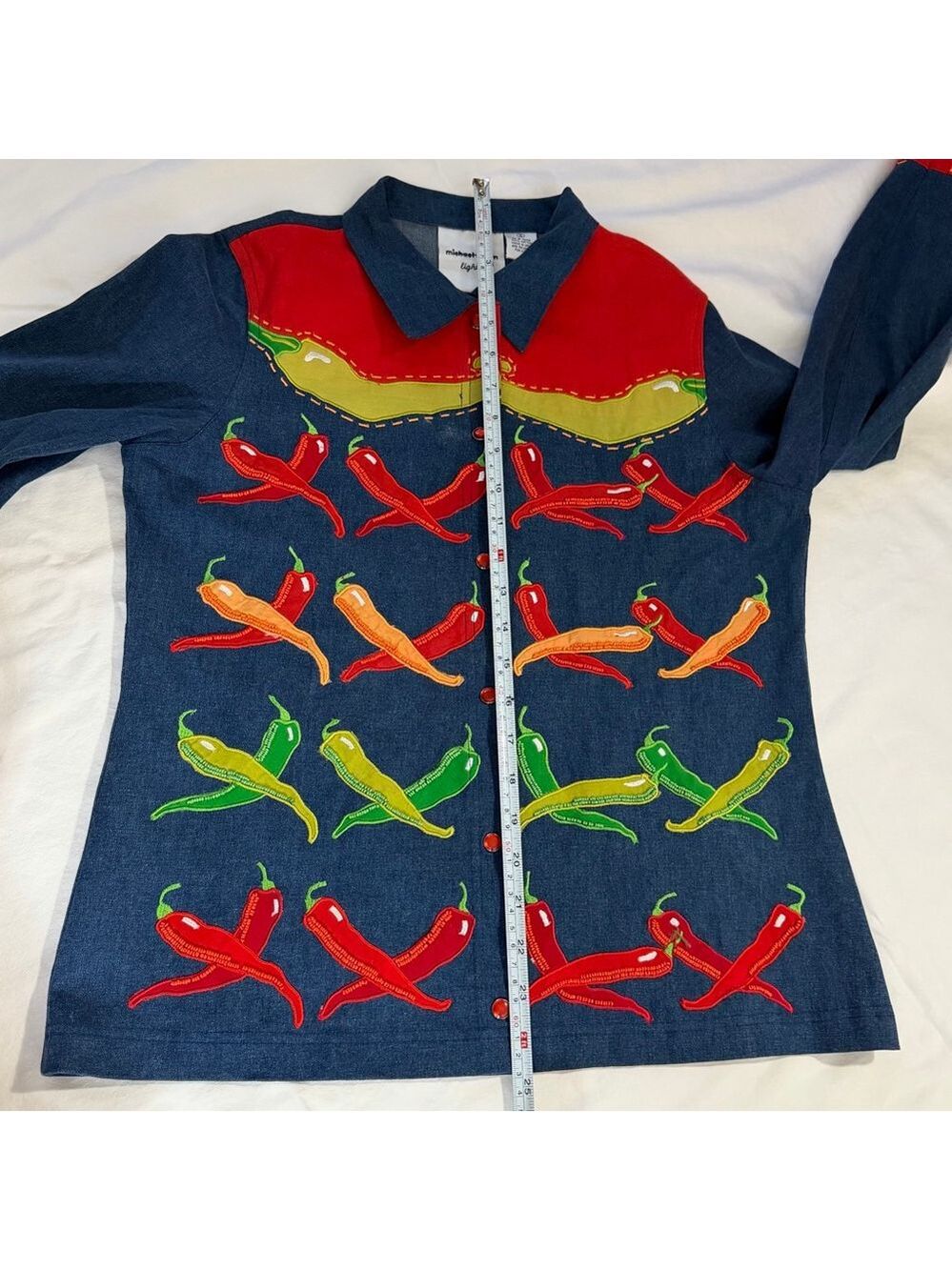 Michael Simon Top Vintage Beaded Chili Peppers Denim Whimsy Shirt Wearable Art - Picture 11 of 14